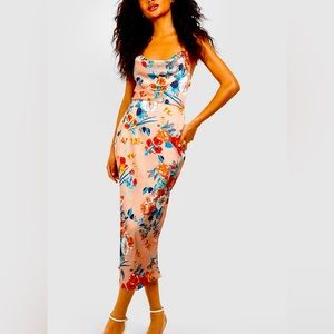 Satin Floral Cowl Flute Hem Slip Dresd
